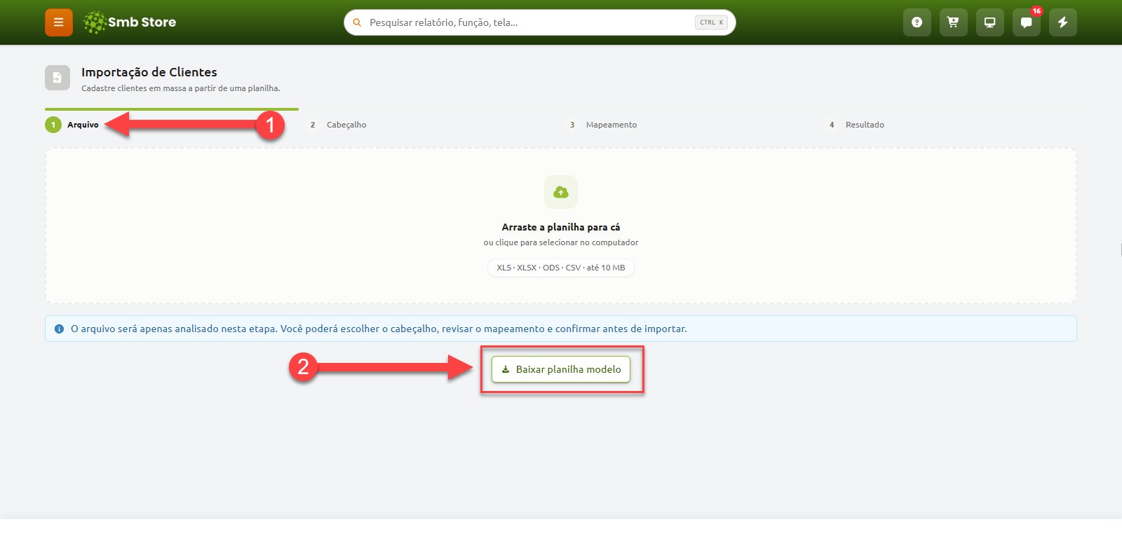Tela de importação em massa de clientes no SMB Store na primeira etapa de envio de arquivo, destacando a opção de carregar a planilha e o botão para baixar a planilha modelo.