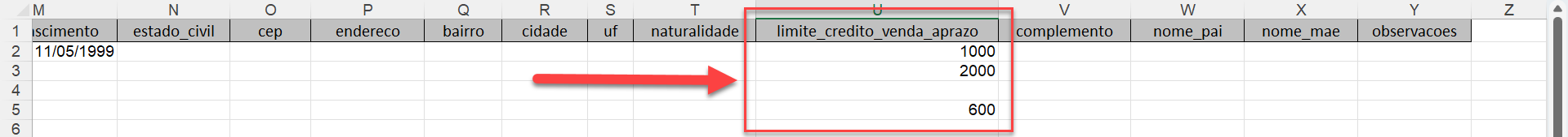 Planilha eletrônica com destaque para a coluna "limite_credito_venda_aprazo", preenchida com valores numéricos de limite de crédito.