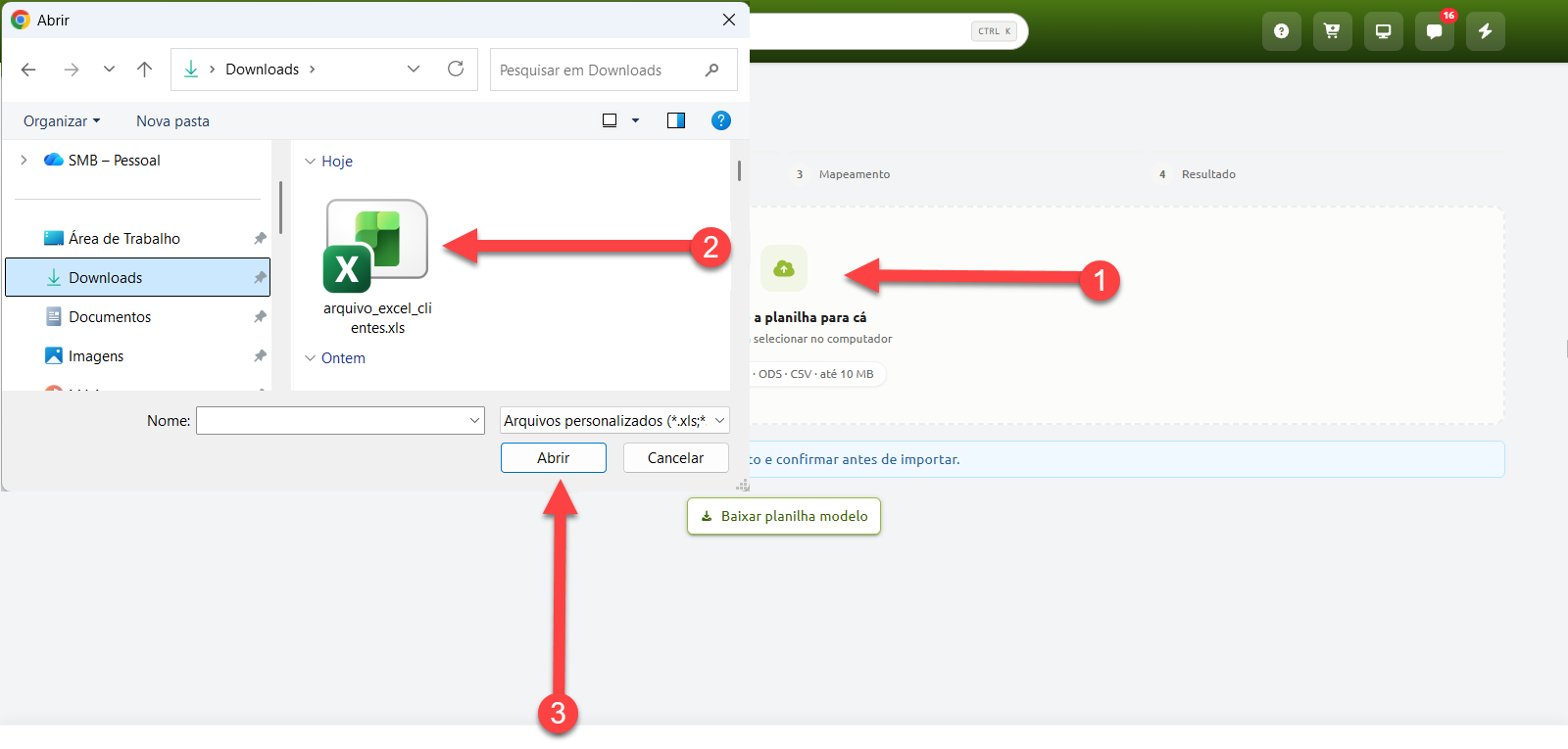 Instruções para importação de arquivo no sistema indicadas em três etapas: clicar no ícone de envio na página, selecionar a planilha Excel na janela de arquivos do computador e clicar no botão "Abrir".