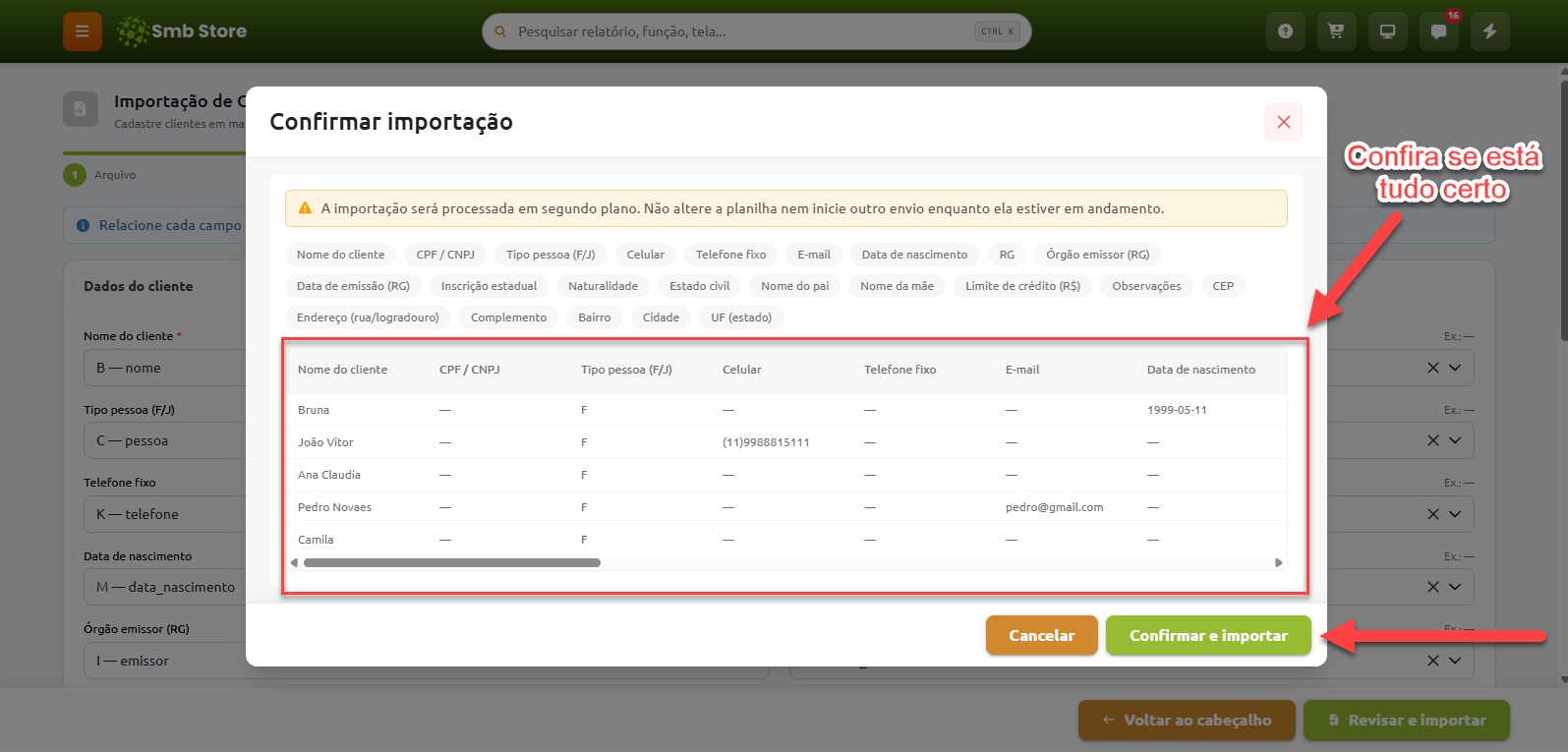 Janela de confirmação de importação de clientes exibindo a pré-visualização dos dados mapeados para conferência, aviso de processamento em segundo plano e botão para confirmar e iniciar a importação.