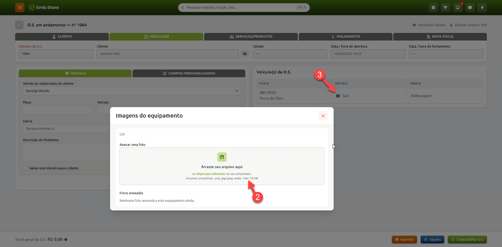 Tela de edição de ordem de serviço no Smb Store, com a janela aberta para anexar fotos ao veículo cadastrado.