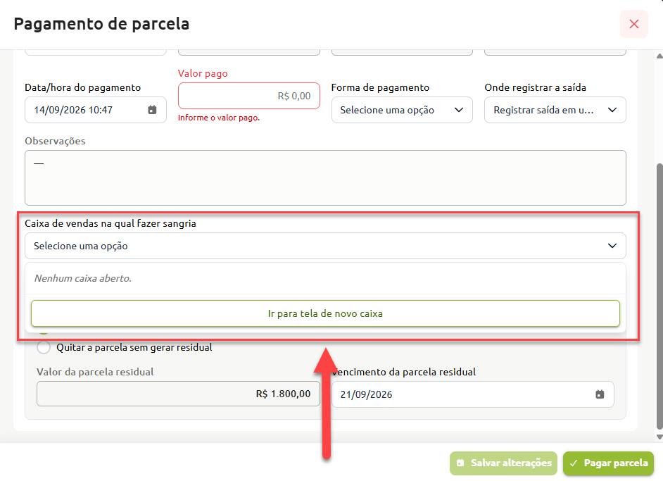 Tela de pagamento de parcela destacando o campo "Caixa de vendas na qual fazer sangria", que exibe o aviso "Nenhum caixa aberto" e o botão para acessar a tela de abertura de um novo caixa.