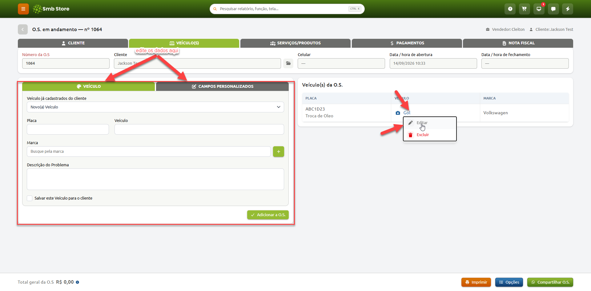 Tela de edição de ordem de serviço no Smb Store, destacando a opção de editar os dados do veículo cadastrado por meio do menu de ações na lista de veículos da O.S.