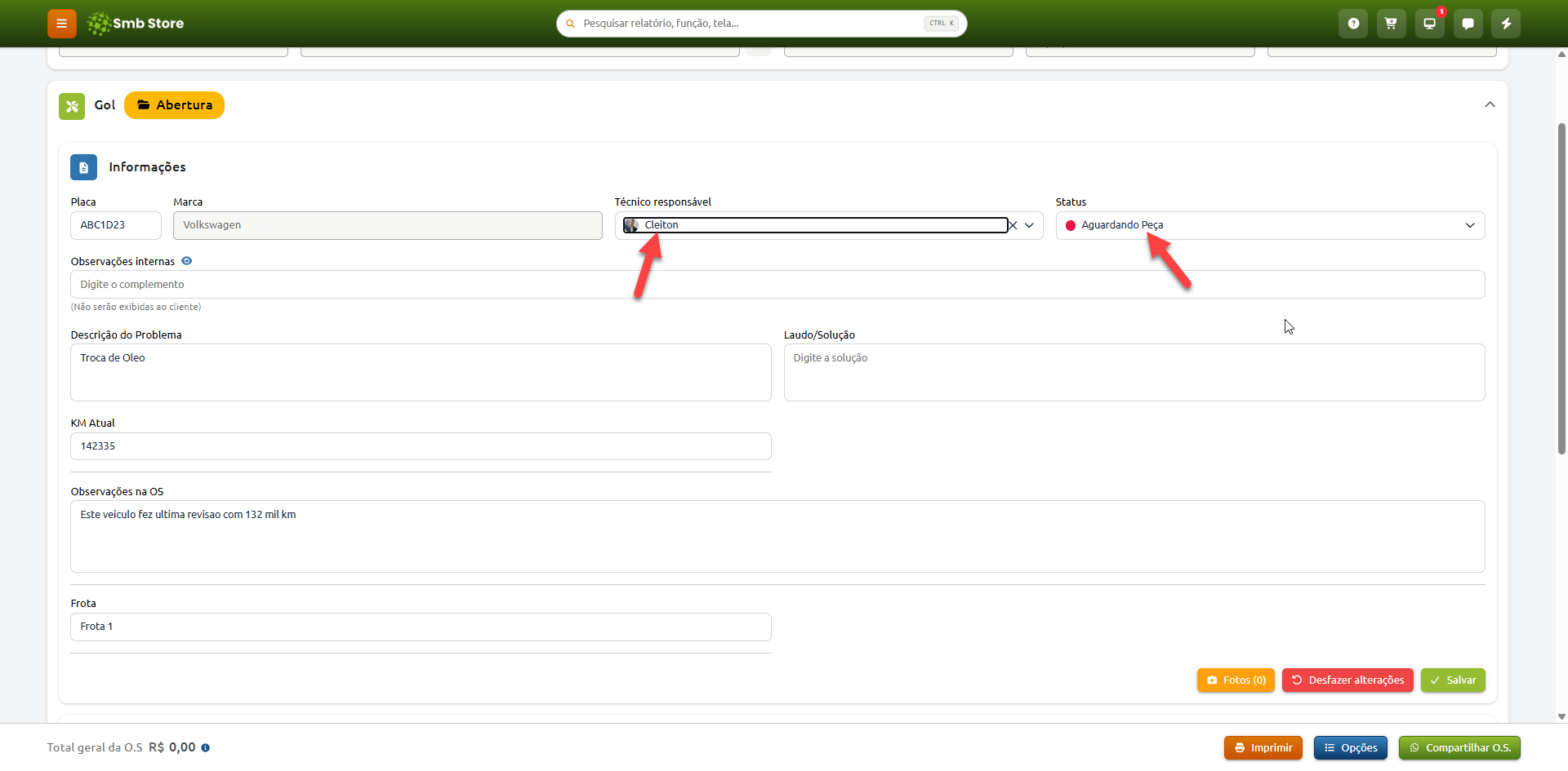 Tela de edição de ordem de serviço no sistema Smb Store, com destaque para a seleção dos campos de técnico responsável e de status do atendimento.