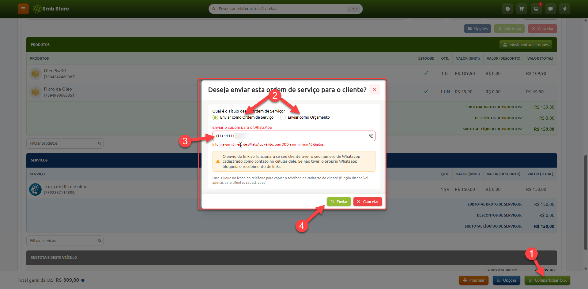 Passo a passo numerado no Smb Store para compartilhar uma ordem de serviço via WhatsApp, mostrando a abertura da janela de envio, a seleção do tipo de documento (Ordem de Serviço ou Orçamento), a inserção do número de telefone com DDD e o botão de confirmação do envio.
