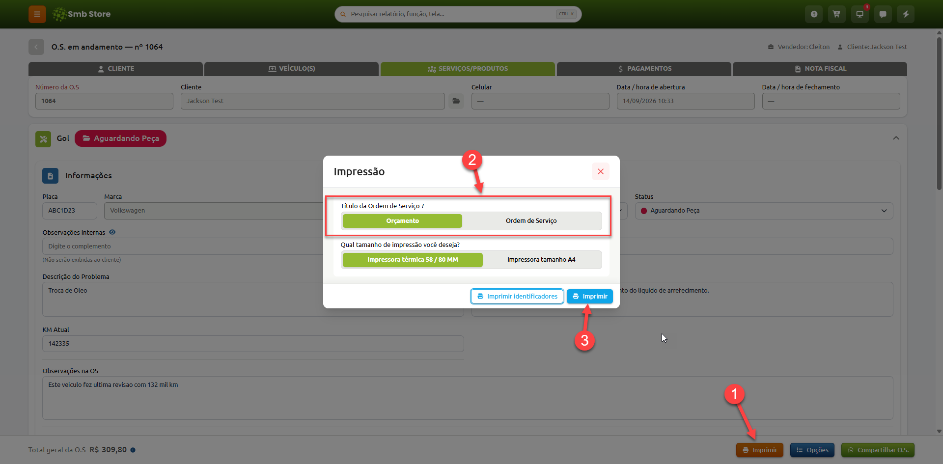 Tela de ordem de serviço em andamento no Smb Store, com janela sobreposta de opções de impressão para selecionar o título do documento como Orçamento ou Ordem de Serviço, o formato do papel e confirmar a impressão.