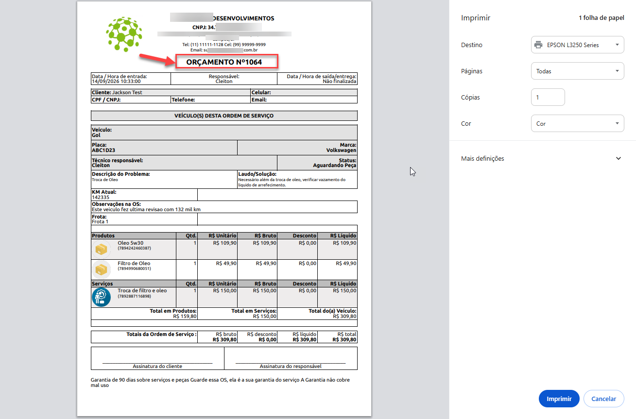 Tela de visualização de impressão de um documento de orçamento para ordem de serviço veicular, contendo dados do cliente, informações do veículo, lista de produtos e serviços com valores, e painel lateral com opções de configuração de impressão. Uma seta vermelha destaca o título "ORÇAMENTO Nº 1064" no topo do documento.