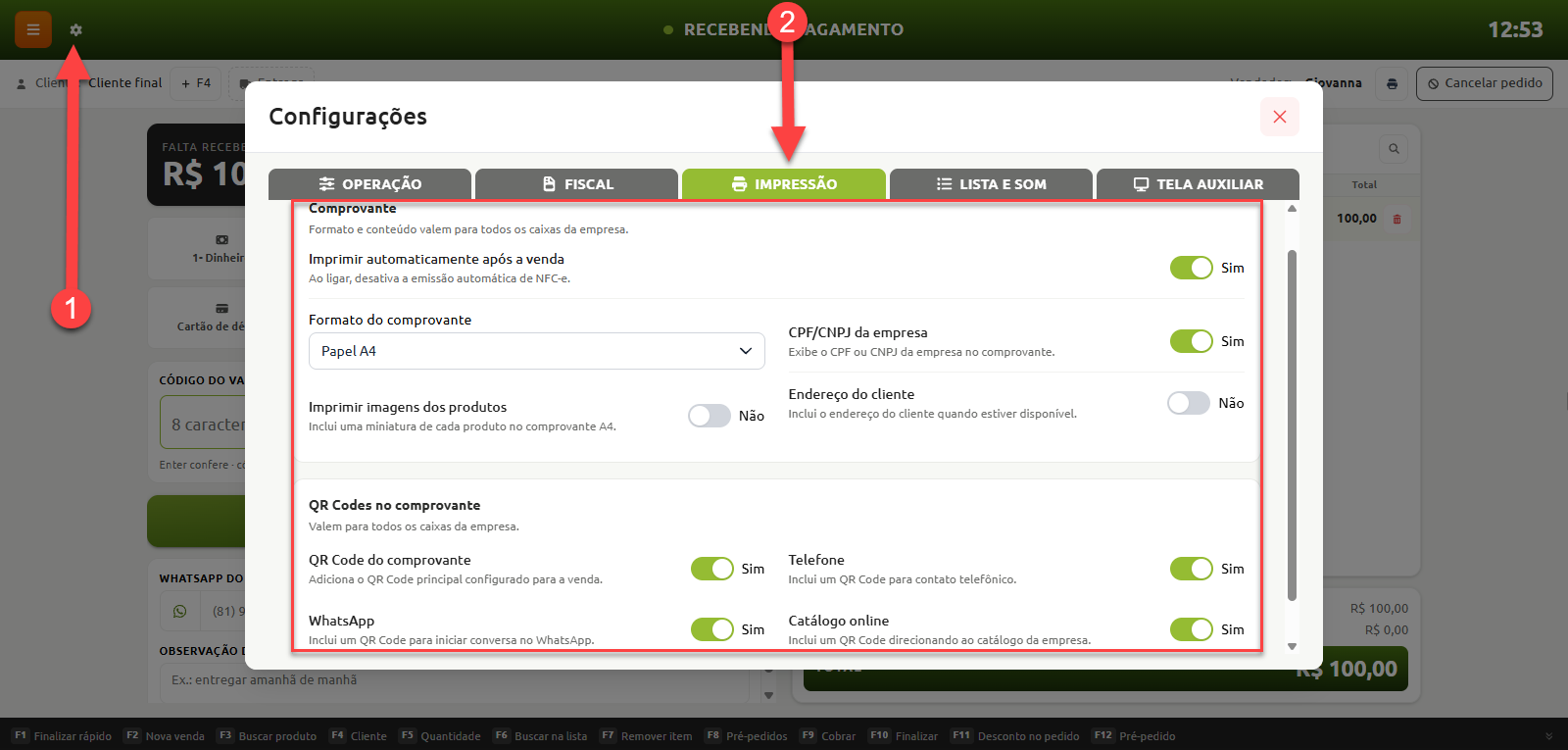 Tela de configurações do sistema de vendas aberta na aba Impressão, exibindo opções de personalização do comprovante como impressão automática, formato do papel e inclusão de QR Codes.