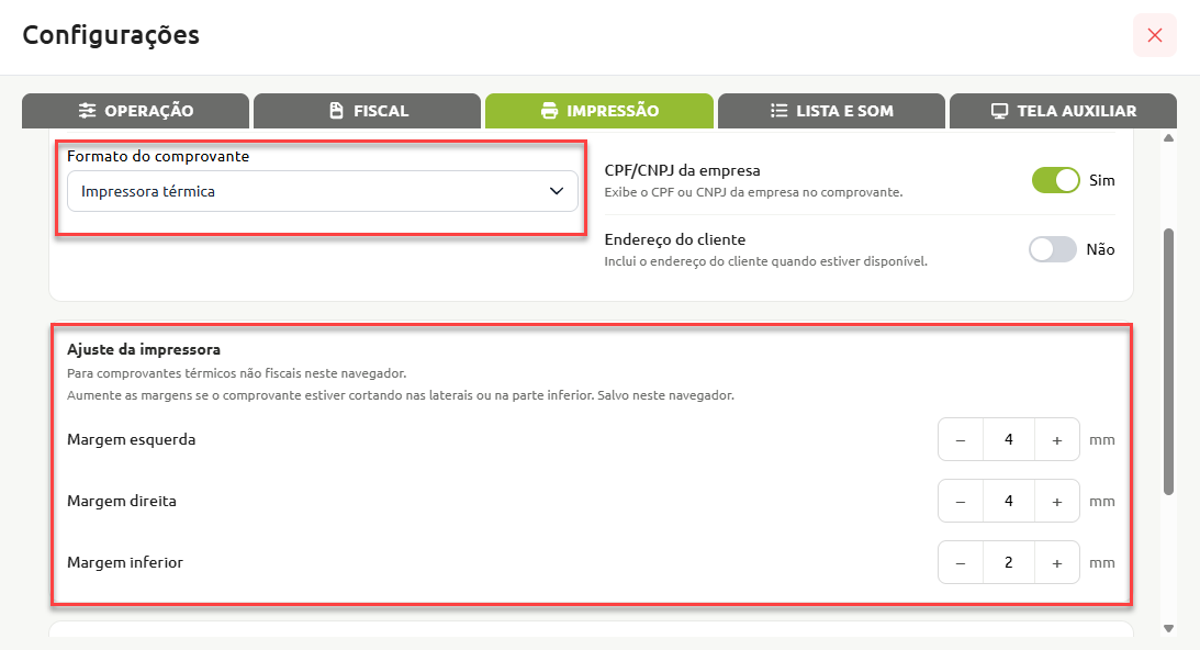 Tela de configurações na aba de impressão, destacando a seleção do formato do comprovante para impressora térmica e os campos de ajuste das margens esquerda, direita e inferior em milímetros.