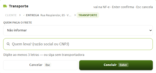 Tela de configuração de transporte na aba de entrega, com opções para definir quem paga o frete, pesquisar a transportadora por razão social ou CNPJ e botões para cancelar ou concluir.