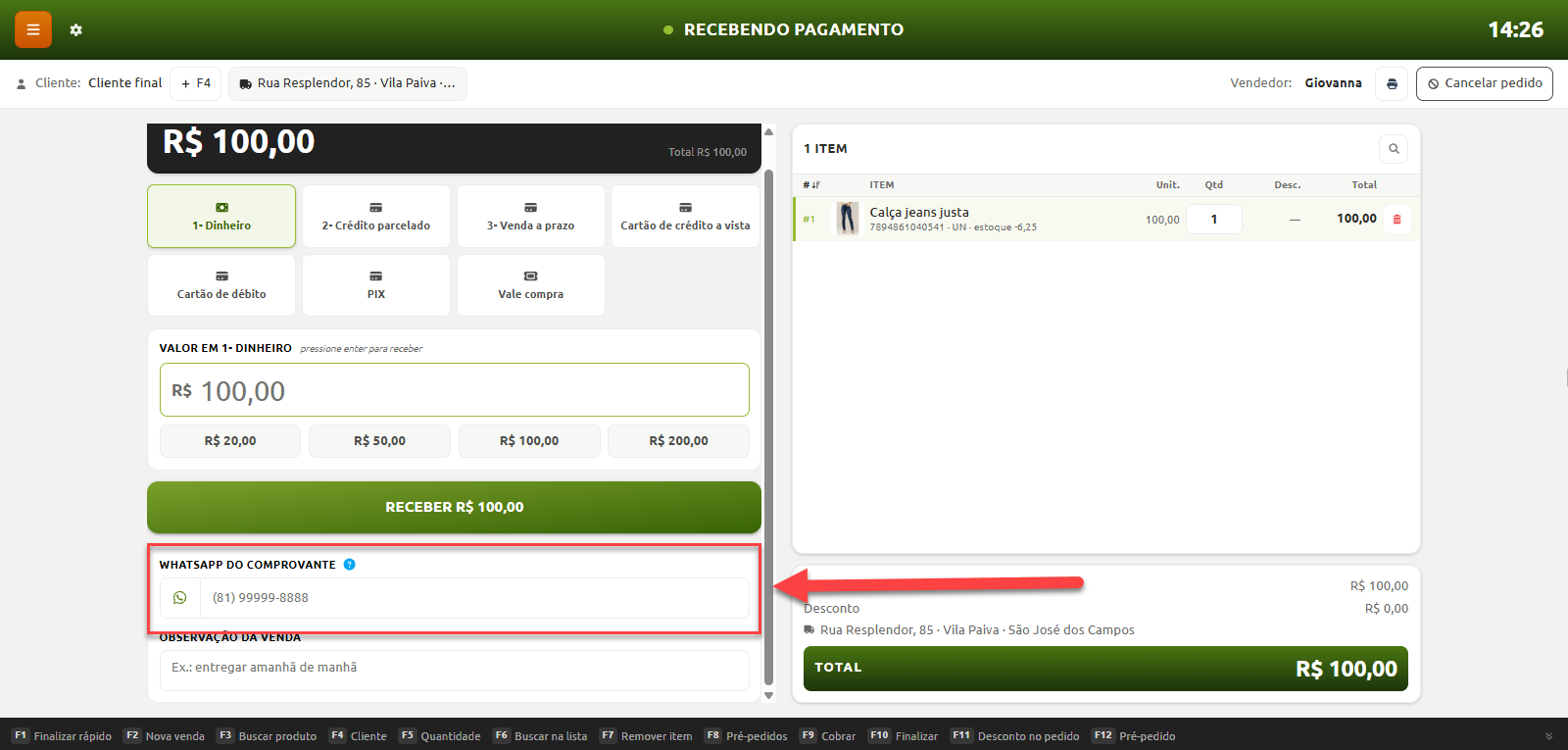 Tela de recebimento de pagamento no sistema de ponto de venda, com destaque para o campo de inserção do número de WhatsApp para envio do comprovante ao cliente.