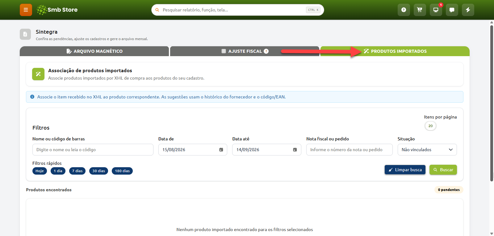 Tela do sistema na aba Produtos Importados dentro do módulo Sintegra, apresentando opções de filtro para associar itens importados via XML aos produtos do cadastro.