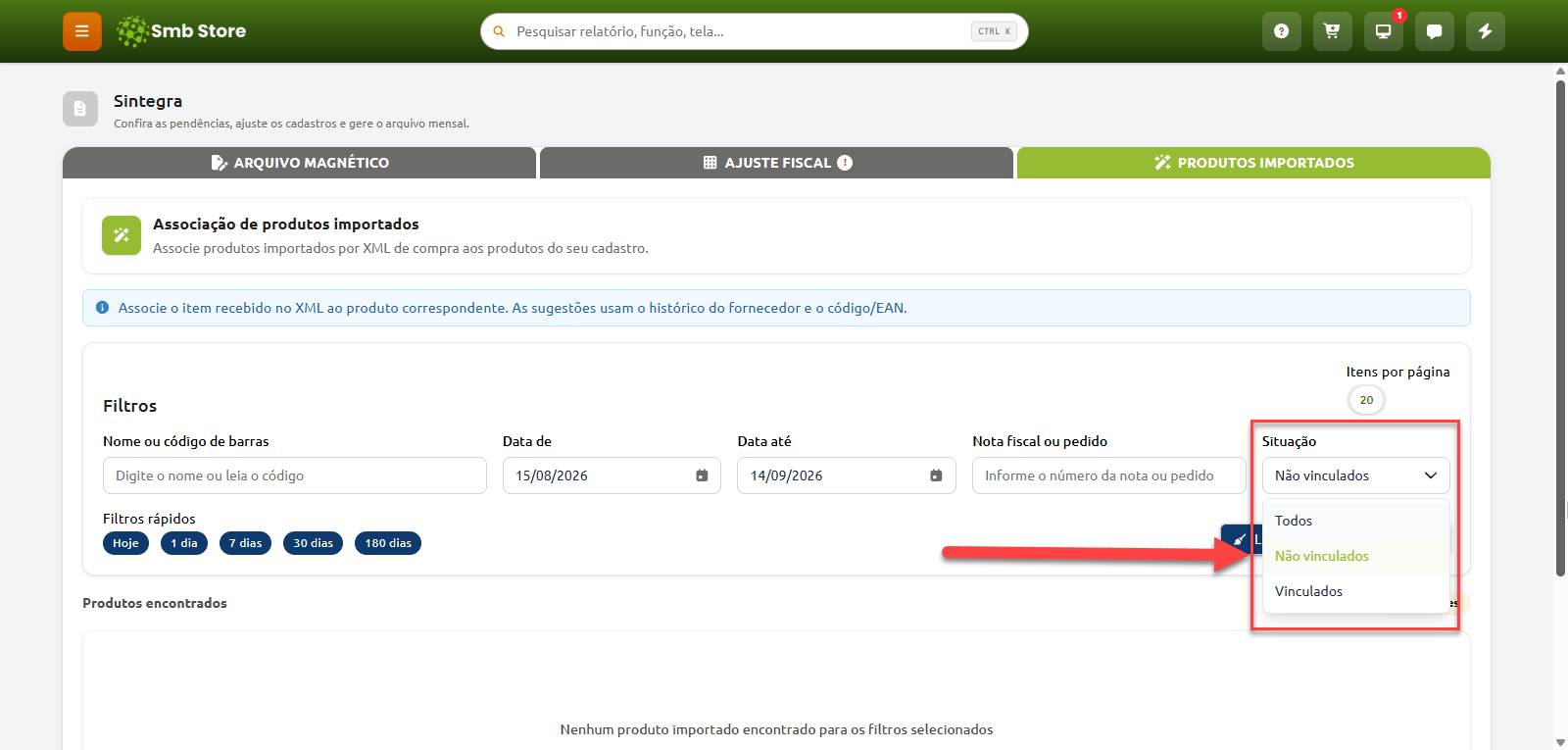 Tela de associação de produtos importados no módulo Sintegra do Smb Store, com destaque no filtro "Situação" com as opções "Todos", "Não vinculados" e "Vinculados".