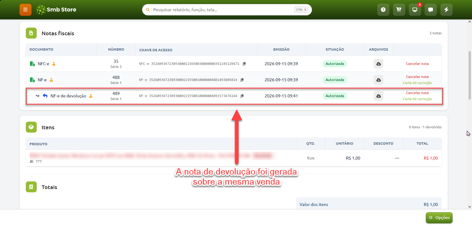 Tela de detalhes da venda no Smb Store, destacando na listagem de notas fiscais a inclusão de uma NF-e de devolução autorizada vinculada à mesma venda.