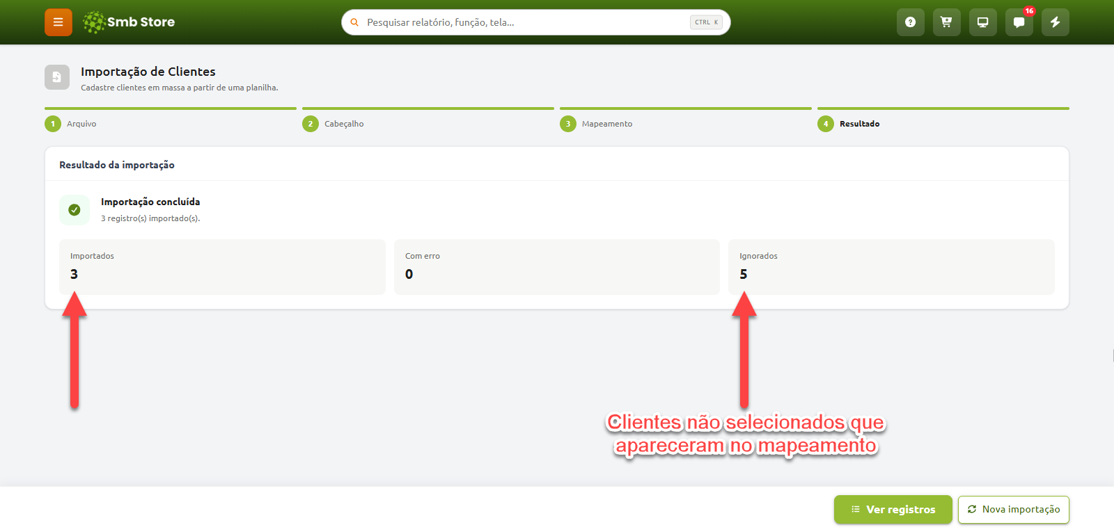 Tela de resultado da importação de clientes no Smb Store, exibindo o resumo com 3 registros importados, 0 com erro e 5 ignorados.