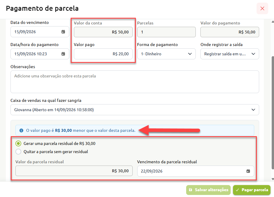 Tela de pagamento de parcela exibindo a liquidação parcial de uma conta de R$ 50,00 com o pagamento de R$ 20,00, apresentando aviso da diferença de R$ 30,00 e a opção selecionada para gerar uma parcela residual com nova data de vencimento.