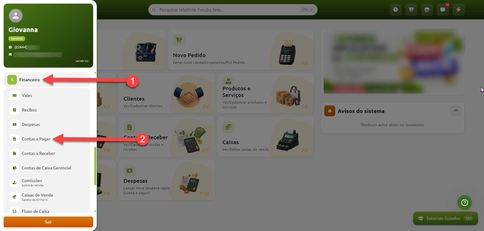 Menu lateral do sistema indicando o caminho para acessar a opção "Contas a Pagar" a partir da categoria "Financeiro".
