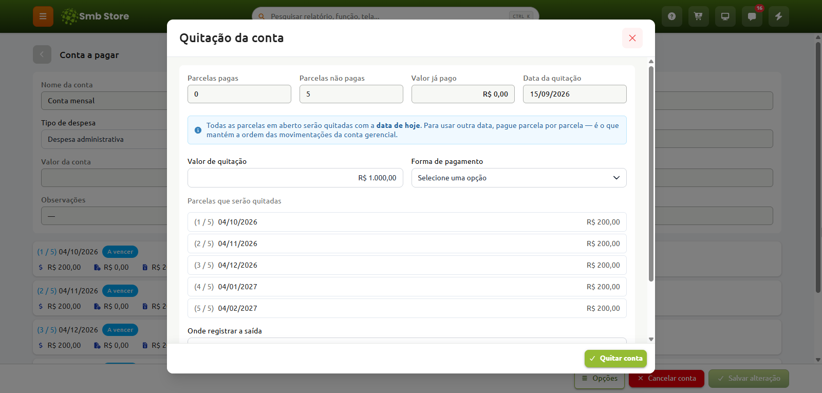 Janela de quitação de conta a pagar exibindo o resumo das parcelas pendentes, valor total de quitação, campo para selecionar a forma de pagamento, lista detalhada dos vencimentos e botão para confirmar a quitação da conta.