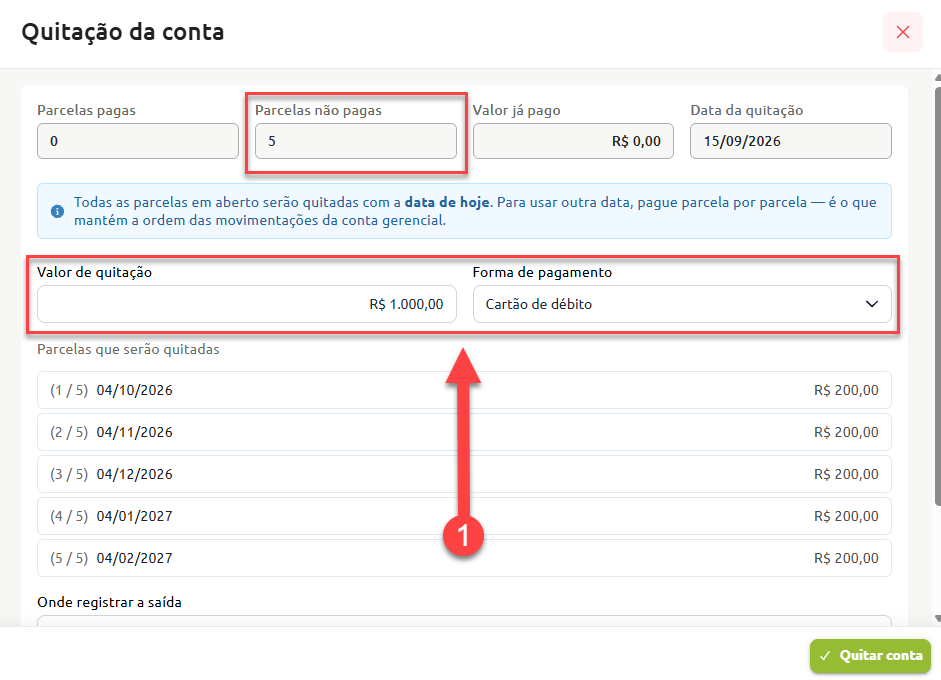 Tela de quitação de conta destacando os campos de parcelas não pagas, valor total de quitação e seleção da forma de pagamento, com a lista das parcelas a serem liquidadas.