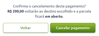 Mensagem de confirmação para cancelamento de pagamento, informando que o valor de R$ 200,00 retornará ao destino e a parcela ficará em aberto, com opções para voltar ou cancelar o pagamento.