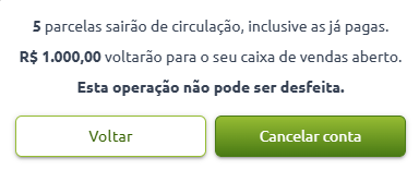 Mensagem de confirmação informando que 5 parcelas sairão de circulação, R$ 1.000,00 voltarão para o caixa de vendas aberto e a operação é irreversível, acompanhada dos botões Voltar e Cancelar conta.
