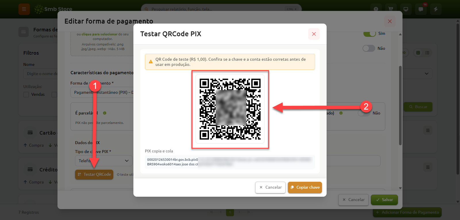 Tela de edição de forma de pagamento com a opção de testar o QRCode do PIX, que abre uma janela de teste exibindo o QR Code gerado, o código copia e cola e a opção para copiar a chave.