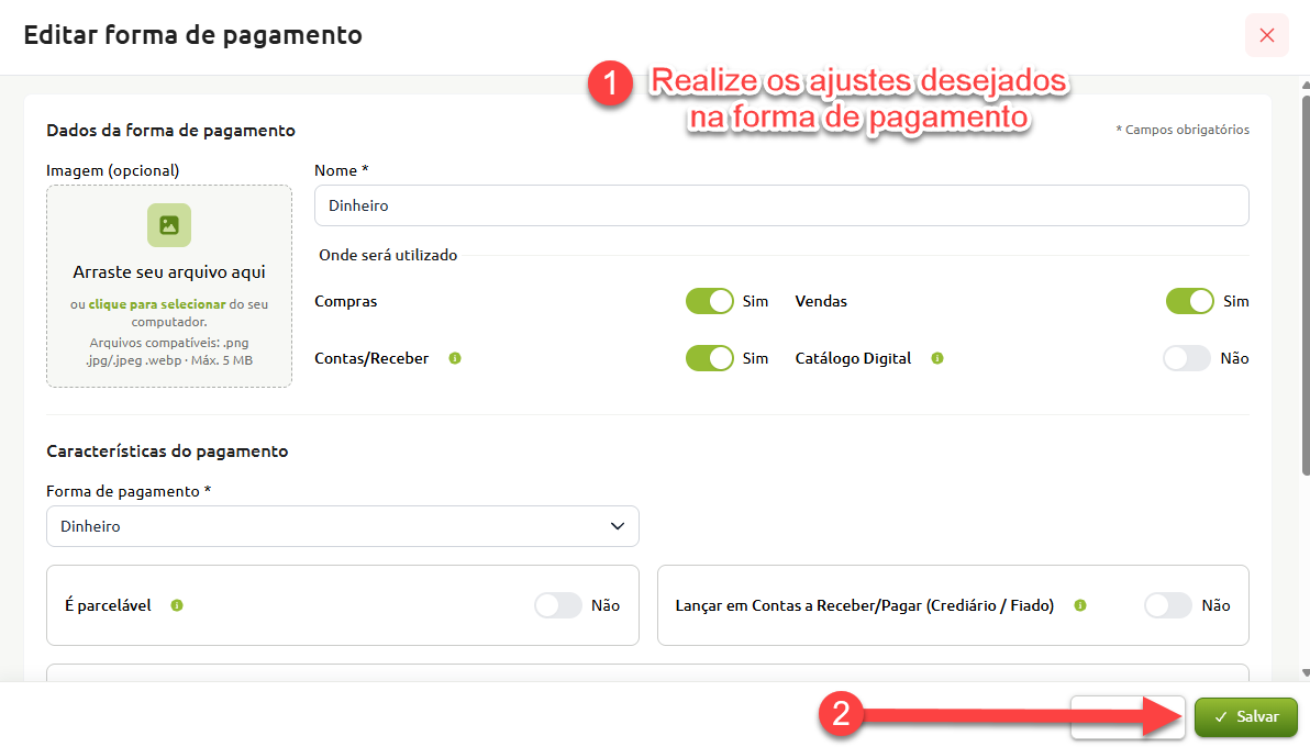 Tela de edição de forma de pagamento com campos para alterar nome, imagem, locais de uso e características do pagamento, além do botão para salvar as alterações.