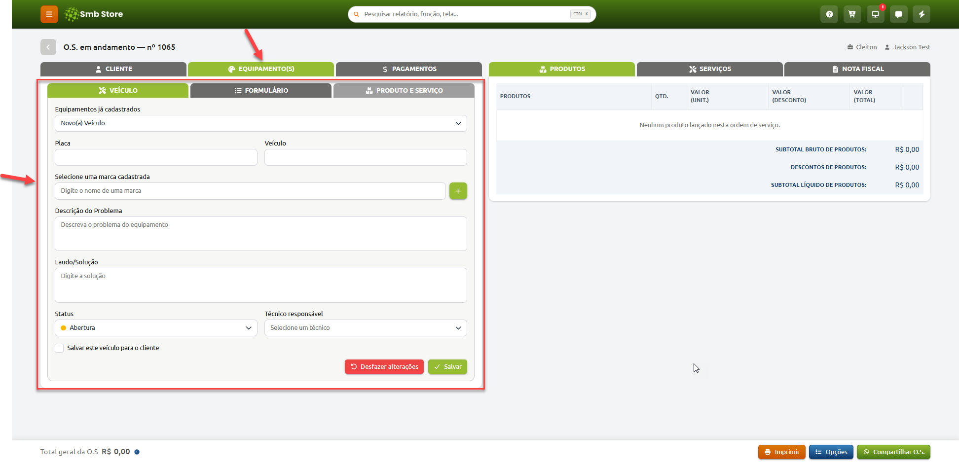 Tela de edição de ordem de serviço no sistema Smb Store, destacando a aba de equipamentos com formulário para cadastro de dados do veículo, descrição do problema, laudo ou solução, status e técnico responsável.