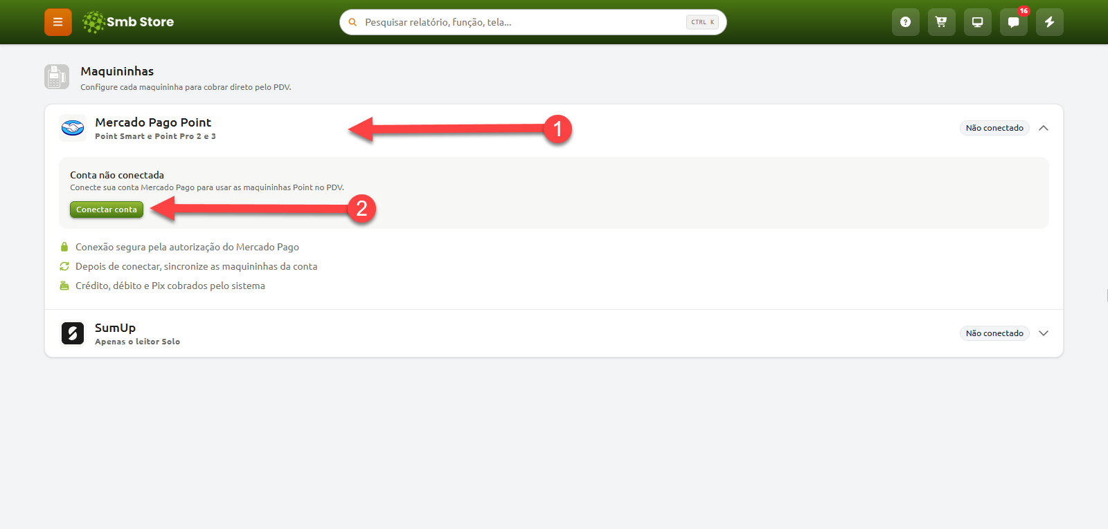 Tela de configuração de maquininhas do Smb Store, destacando a opção Mercado Pago Point e o botão para conectar a conta ao sistema.