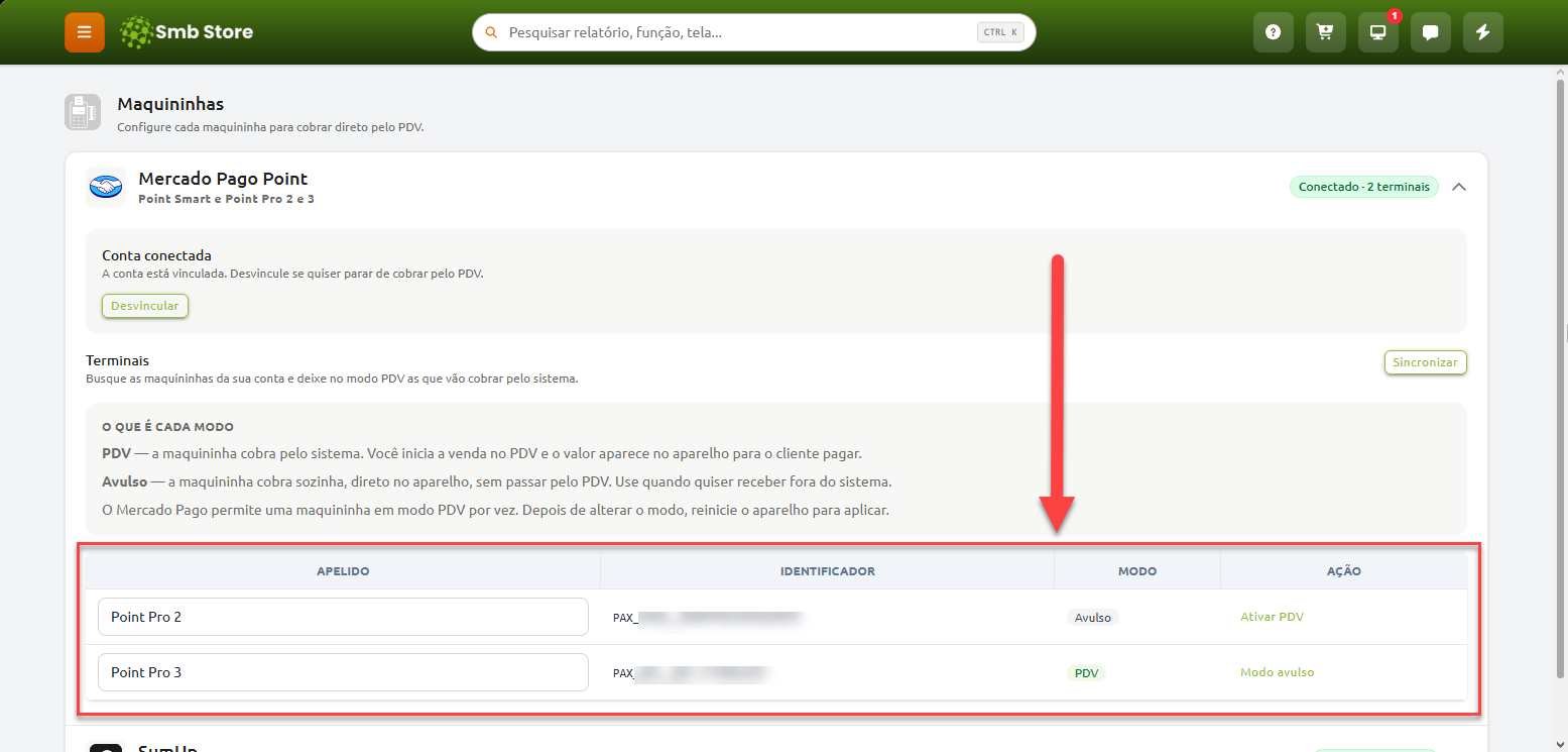 Tela de configuração de maquininhas Mercado Pago no sistema Smb Store, destacando a lista de terminais com seus identificadores e opções para alternar a operação entre os modos PDV e Avulso.