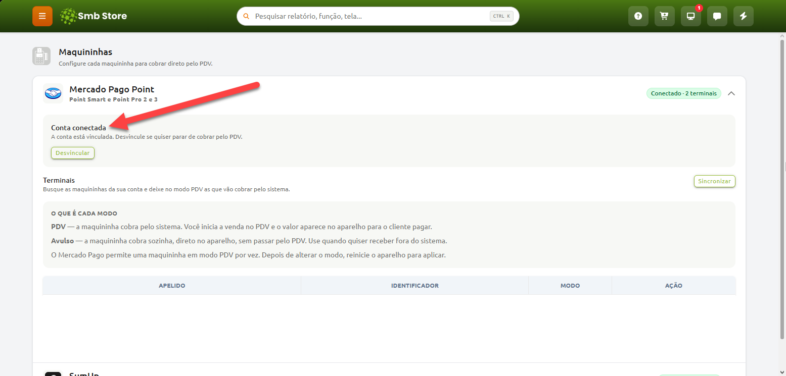 Tela de configuração de maquininhas no sistema Smb Store, destacando o status de conta do Mercado Pago Point conectada com a opção para desvincular e a área de gerenciamento dos terminais.