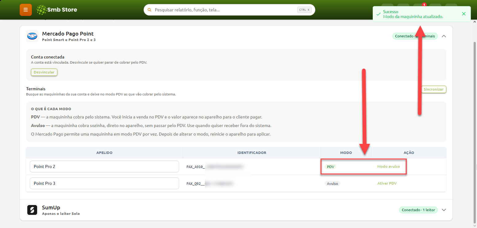Tela de configuração de terminais Mercado Pago Point no Smb Store, exibindo a lista de maquininhas conectadas e a confirmação de sucesso após a alteração do modo de operação para PDV.