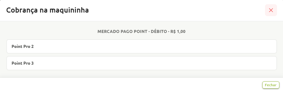 Janela de cobrança na maquininha Mercado Pago Point no débito no valor de R$ 1,00, apresentando opções para selecionar entre os terminais Point Pro 2 e Point Pro 3.