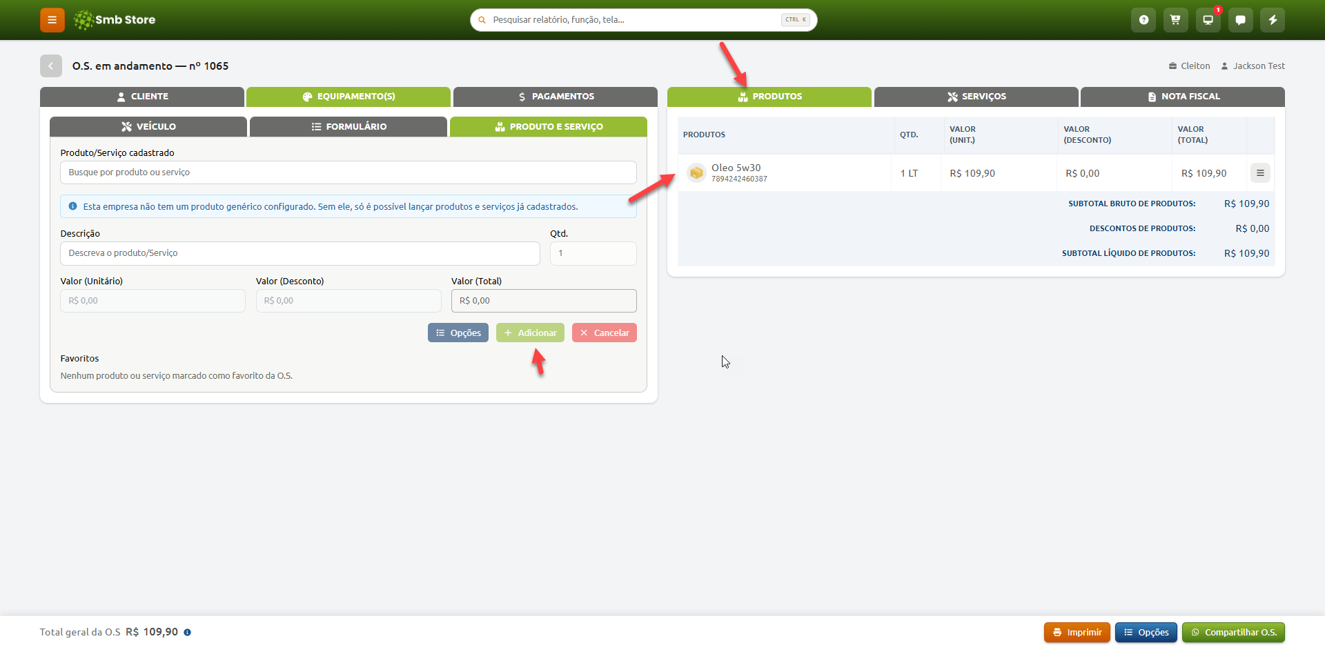 Tela de gerenciamento de ordem de serviço em andamento no Smb Store, com formulário para inclusão de produtos e listagem lateral exibindo o item adicionado, quantidade, valores e subtotais.