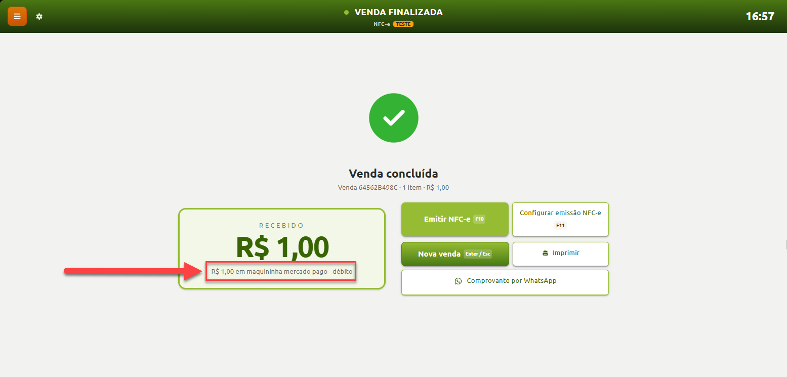 Tela de venda concluída no sistema de caixa, destacando o valor de R$ 1,00 recebido via maquininha Mercado Pago em débito, com opções para emissão de NFC-e, impressão, envio de comprovante e início de nova venda.