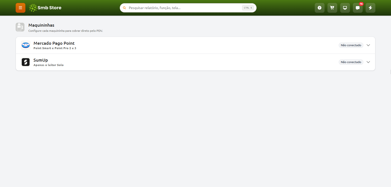 Tela de configuração de maquininhas no sistema Smb Store, exibindo as opções de integração do Mercado Pago Point e SumUp com o status "Não conectado".