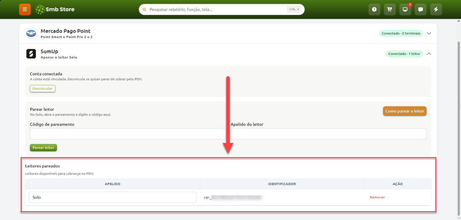 Tela de configurações de integração com a SumUp no sistema Smb Store, destacando a seção de leitores pareados com a listagem do leitor Solo conectado e a opção para removê-lo.