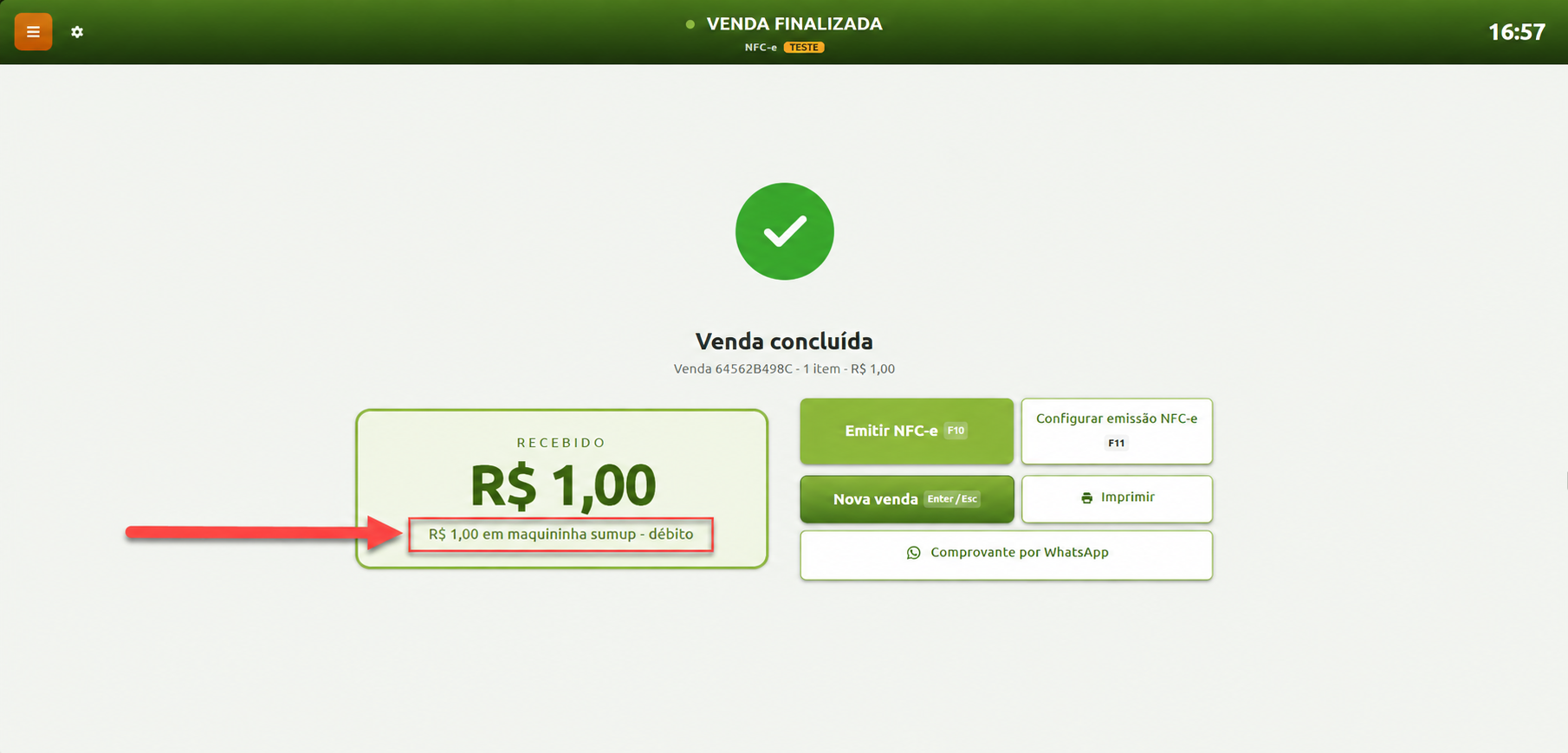 Tela de venda concluída no sistema de frente de caixa, destacando o valor recebido com a indicação do pagamento por maquininha SumUp no débito, além de opções para emissão de NFC-e, impressão de comprovante e início de uma nova venda.