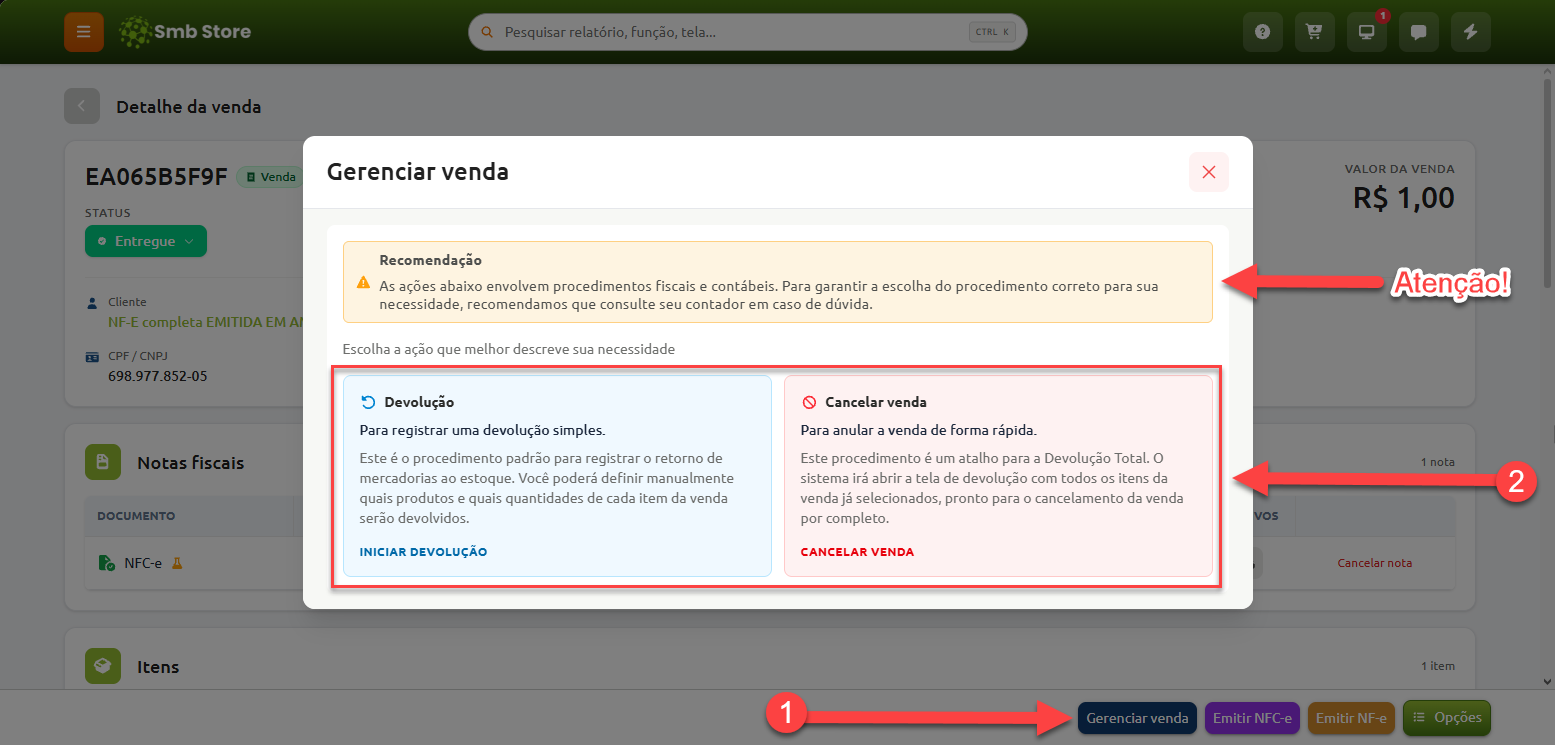 Tela de detalhes da venda no sistema Smb Store com janela aberta para gerenciar a venda, exibindo aviso de recomendação fiscal e as opções de registrar devolução simples ou cancelar a venda por completo.