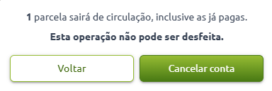 Mensagem de confirmação informando que 1 parcela sairá de circulação, inclusive as já pagas, e que a operação não pode ser desfeita, com botões para Voltar e Cancelar conta.