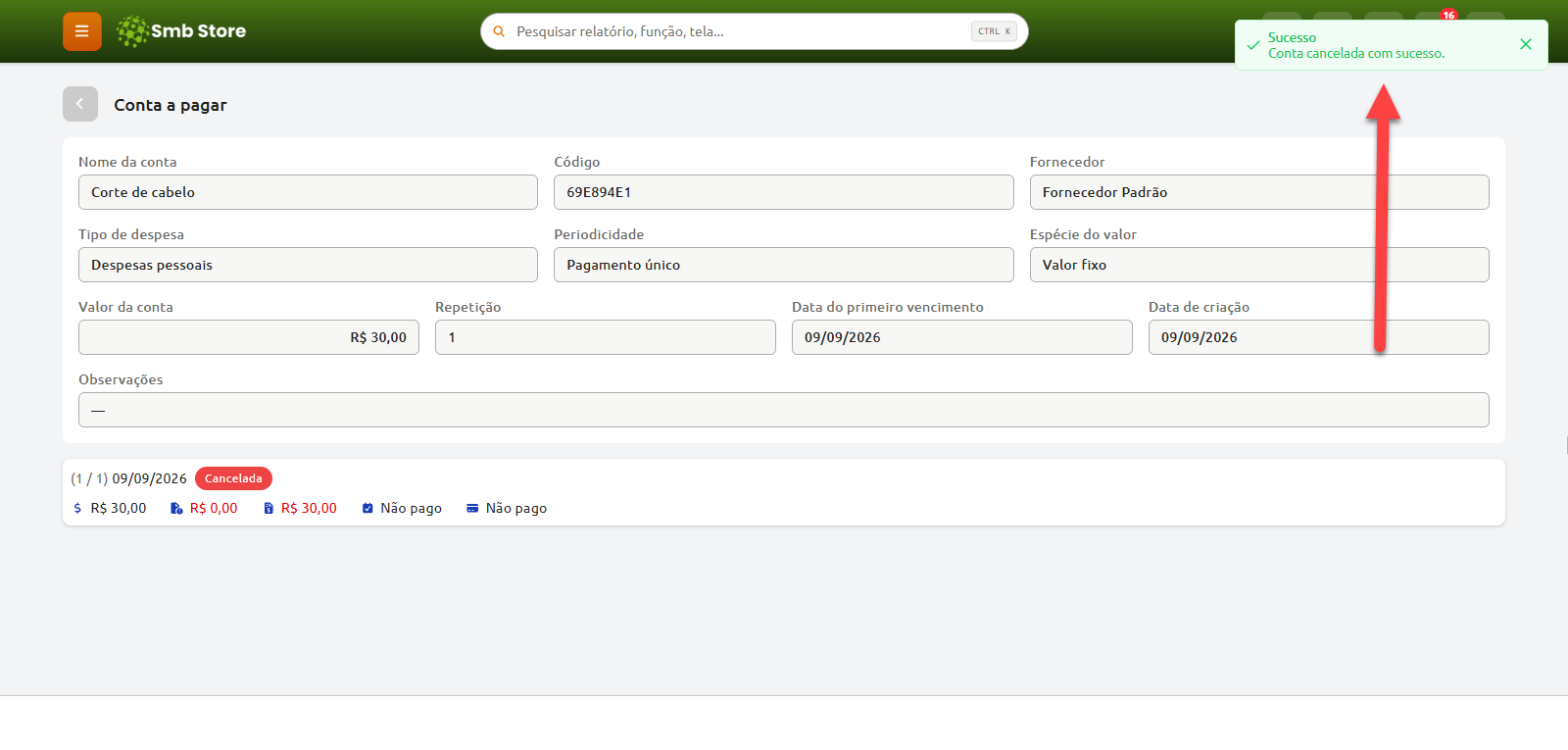 Tela do sistema Smb Store com os detalhes de uma conta a pagar no estado de cancelada, destacando a notificação de sucesso com a mensagem "Conta cancelada com sucesso".