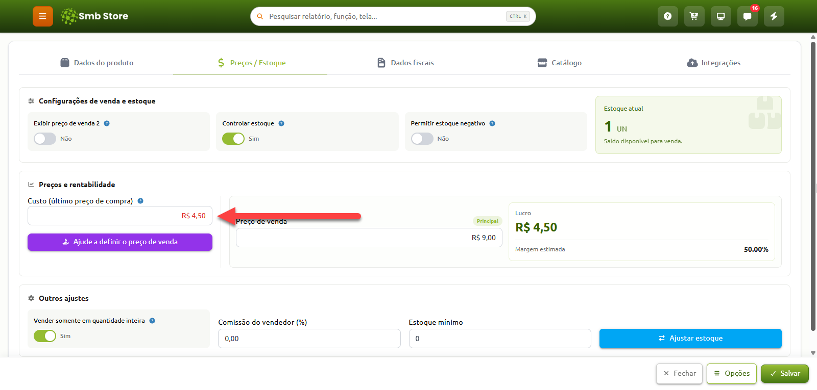 Tela de gerenciamento de preços e estoque de um produto no Smb Store, destacando com uma seta o campo de custo no valor de R$ 4,50 na seção de preços e rentabilidade.