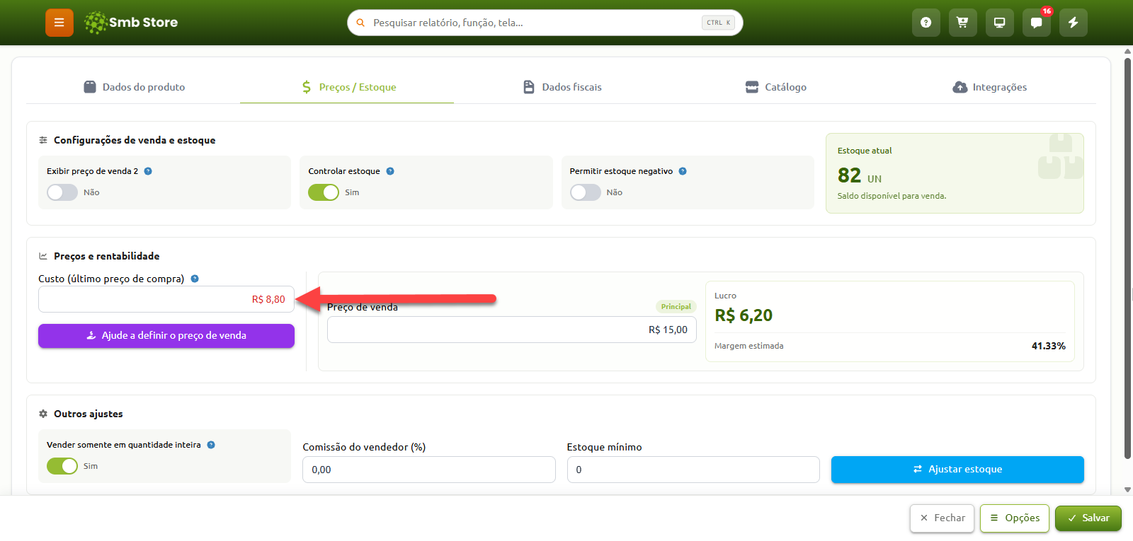 Tela de configuração de preços e estoque de produto no sistema Smb Store, destacando o campo de custo do último preço de compra preenchido com R$ 8,80.
