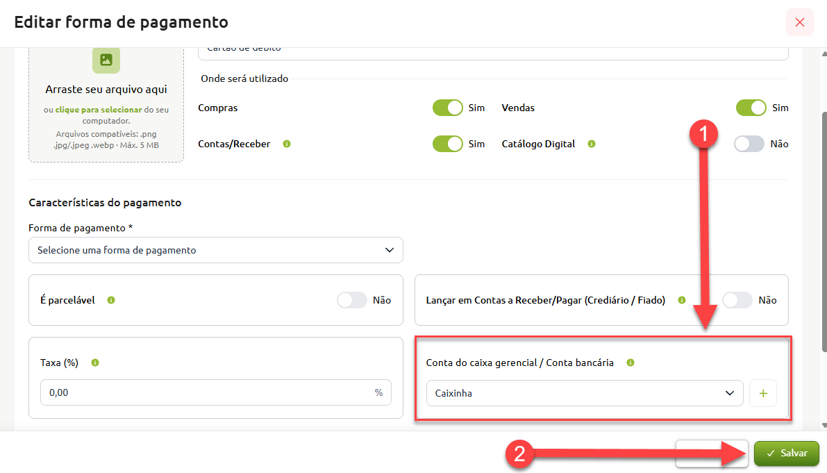 Tela de edição de forma de pagamento destacando a seleção do campo "Conta do caixa gerencial / Conta bancária" e o botão "Salvar".