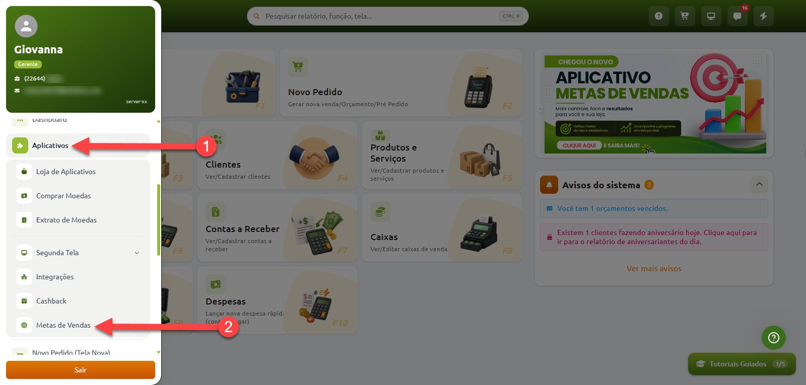 Painel do sistema com menu lateral aberto, indicando o acesso à opção "Metas de Vendas" por meio do menu "Aplicativos".
