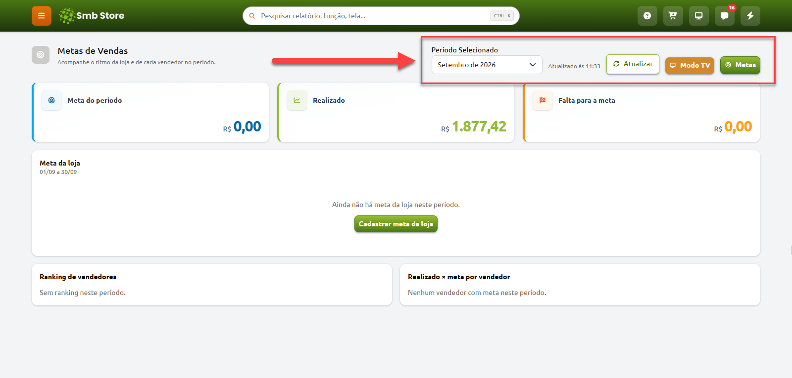 Tela de Metas de Vendas no Smb Store exibindo painéis com os valores de meta do período, total realizado e valor restante para a meta, com destaque na seleção do período e nos botões de atualizar, Modo TV e Metas.
