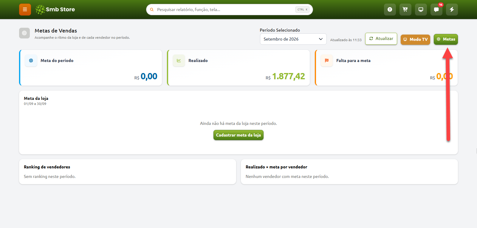 Painel de Metas de Vendas no Smb Store, com cartões de indicadores do período e uma seta vermelha apontando para o botão "Metas" no canto superior direito.