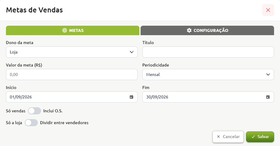 Formulário de cadastro de metas de vendas com campos para definição do dono da meta, título, valor, periodicidade mensal, período de início e fim, além de opções para inclusão de ordens de serviço e divisão entre vendedores.
