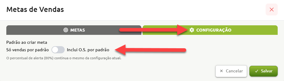Tela de Metas de Vendas na aba de Configuração, exibindo a opção de alternar o padrão de criação de metas entre apenas vendas ou inclusão de ordens de serviço.