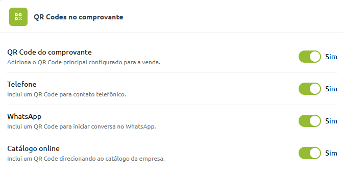Tela de configuração de QR Codes no comprovante, com as opções para adicionar o QR Code principal da venda, telefone, WhatsApp e catálogo online ativadas.
